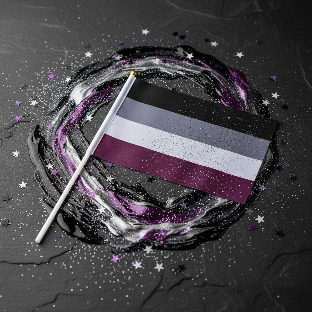 Handheld asexual pride flag on a white stick, shown diagonally on a glittery black surface