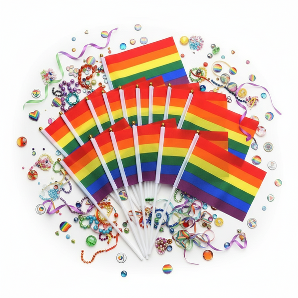 Fan of handheld rainbow Pride flags on white sticks, arranged with colorful beads and ribbons