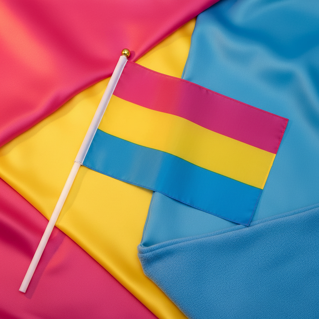 Small pansexual pride flag on a white stick over pink, yellow, and blue fabric