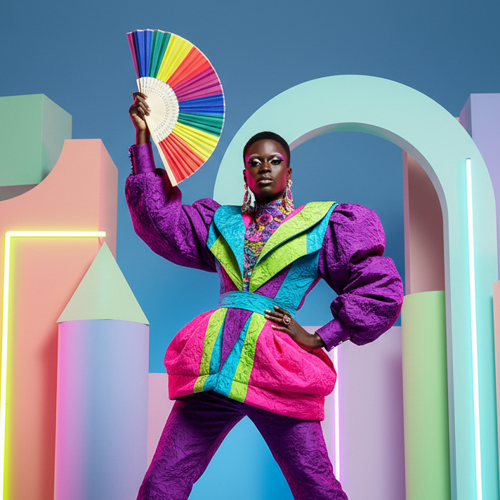Model in a vivid purple outfit holds an open rainbow folding fan overhead