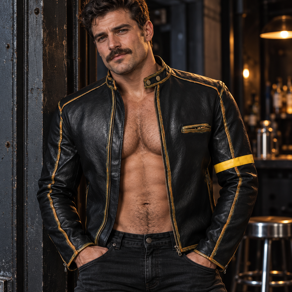 Handmade Distressed Biker PU Leather Jacket, Black; close-up editorial.