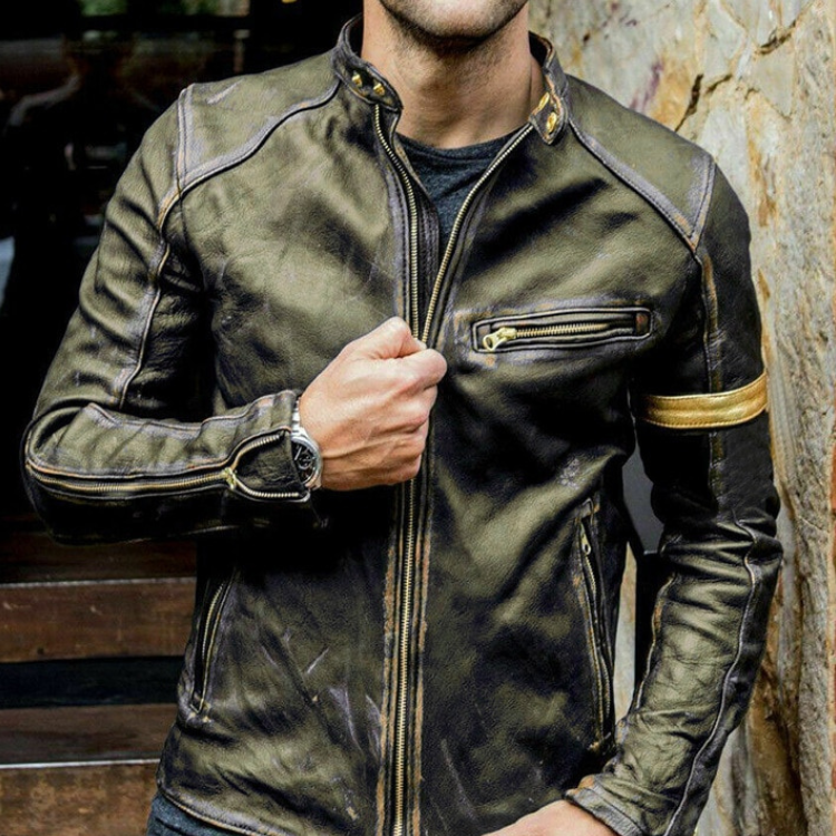 Model wearing a distressed dark olive biker jacket with multiple zippers and an armband