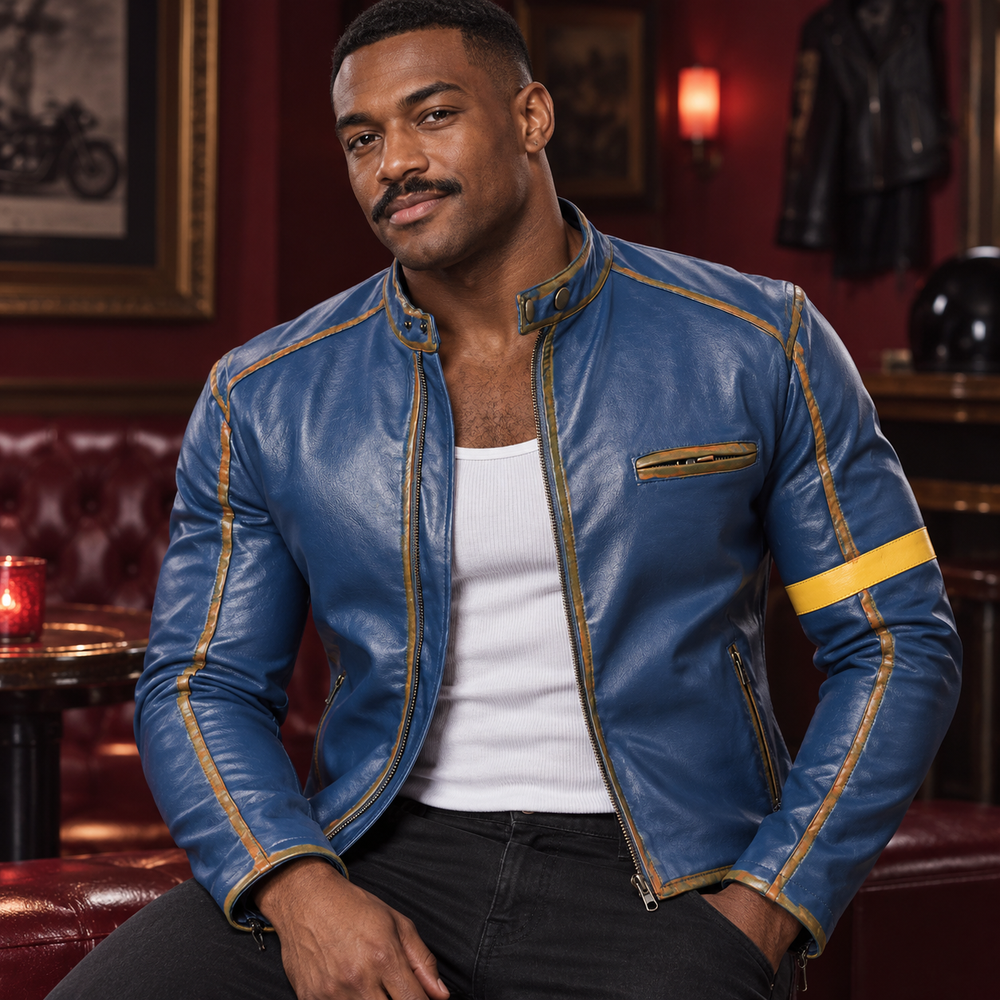 Handmade Distressed Biker PU Leather Jacket, Dark Blue; close-up editorial.