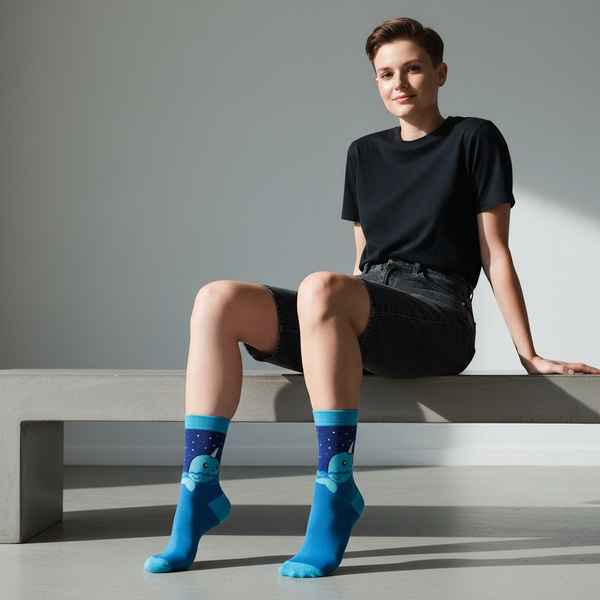 Happy Narwhal Socks, bright blue with cartoon narwhals and stars, worn by a short-haired person on a gray bench in sunlight.