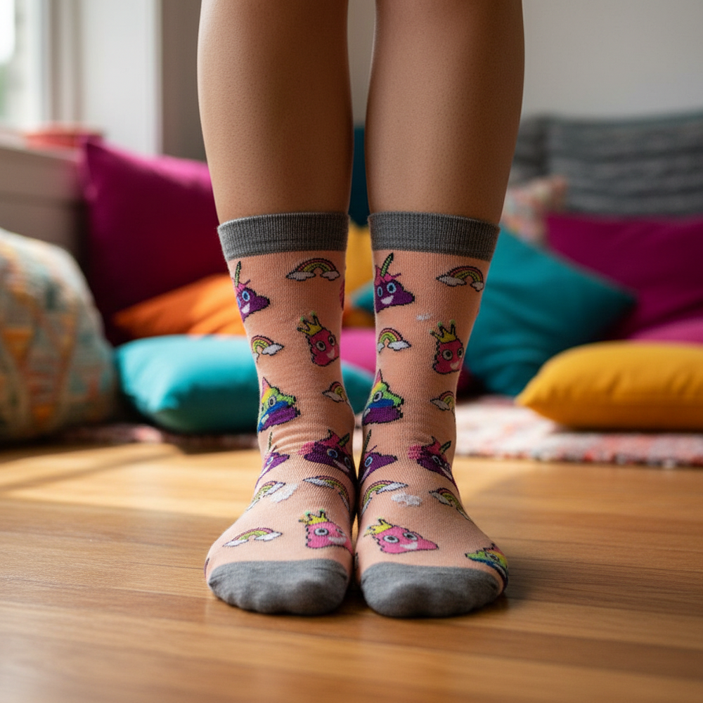 Peach crew socks with gray cuffs and colorful crowned poop and rainbow prints