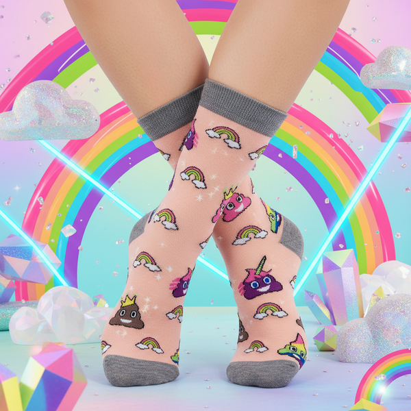 Happy Rainbow Poop Socks on feet—colorful, unisex, with gray toes and cuffs, cartoon poop emojis, rainbows, unicorns, stars