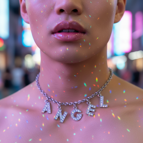 Close-up of a crystal chain choker with dangling ANGEL letter charms