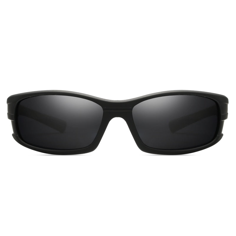 Front view of black wraparound sunglasses with dark lenses on a white background