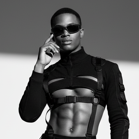 Hardstyle Polarized Sunglasses and UV400 anti-reflective lenses top a confident person in a black cut-out harness top