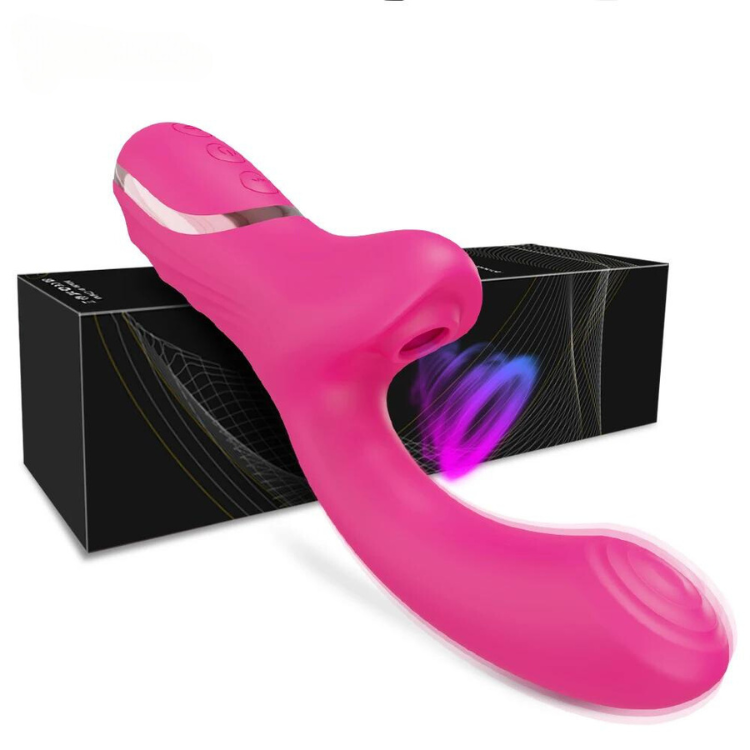 Pink curved dual-stimulation vibrator displayed diagonally over its black box