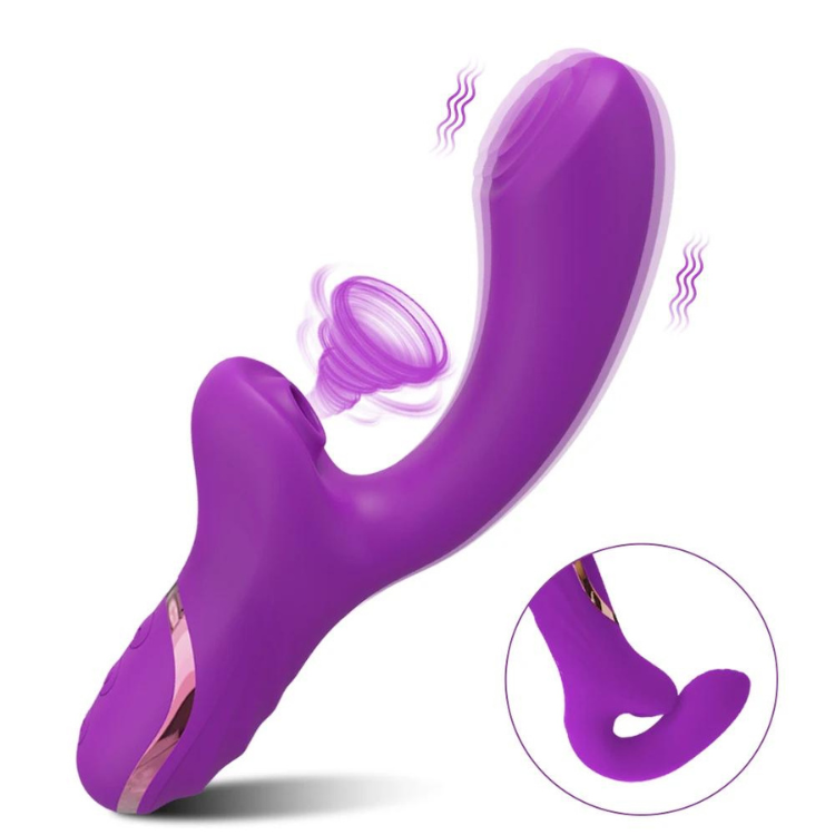Purple curved clitoral suction toy with a spiral nozzle and inset side view