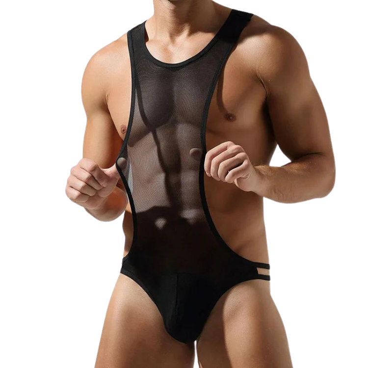 Front view of a shirtless model wearing a black sheer mesh T-back bodysuit with side straps