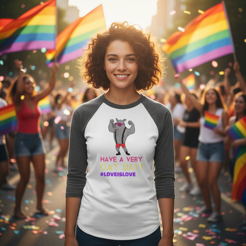 3/4 sleeve Raglan shirt with “Have A Very Gay Day!” in rainbow text and a cartoon cat, worn at LGBTQ+ pride amid flags