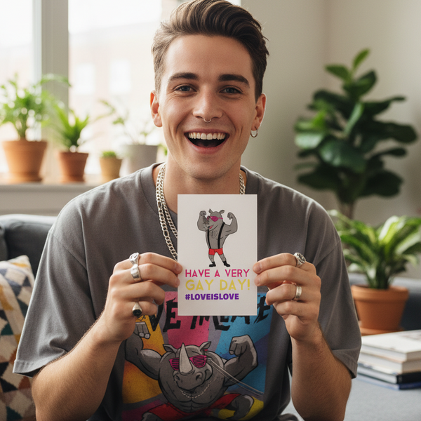 Have A Very Gay Day! Postcard with rainbow lettering and a cartoon unicorn