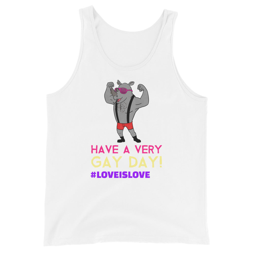 Unisex white tank top with cartoon rhino in pink shades, black suspenders, red shorts