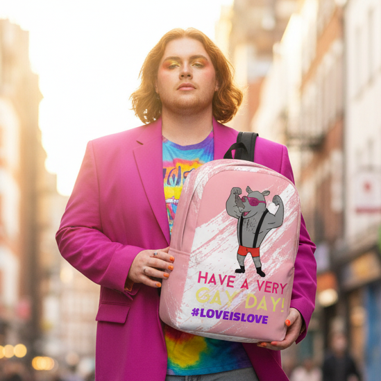 Person in a pink blazer holds a pink backpack reading “Have a Very Gay Day!”