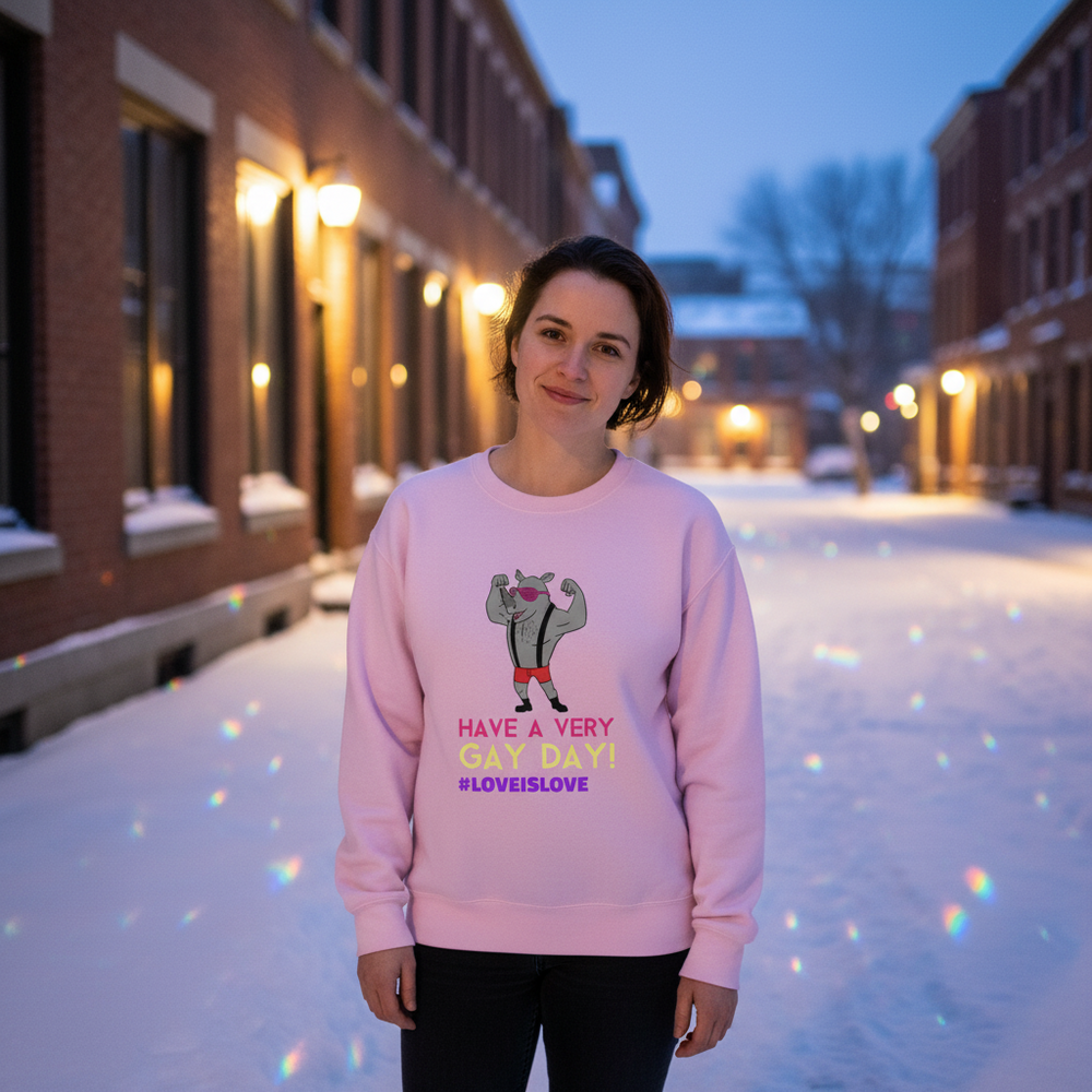Person wearing a pink sweatshirt reading “HAVE A VERY GAY DAY!” with a flexing rhino graphic
