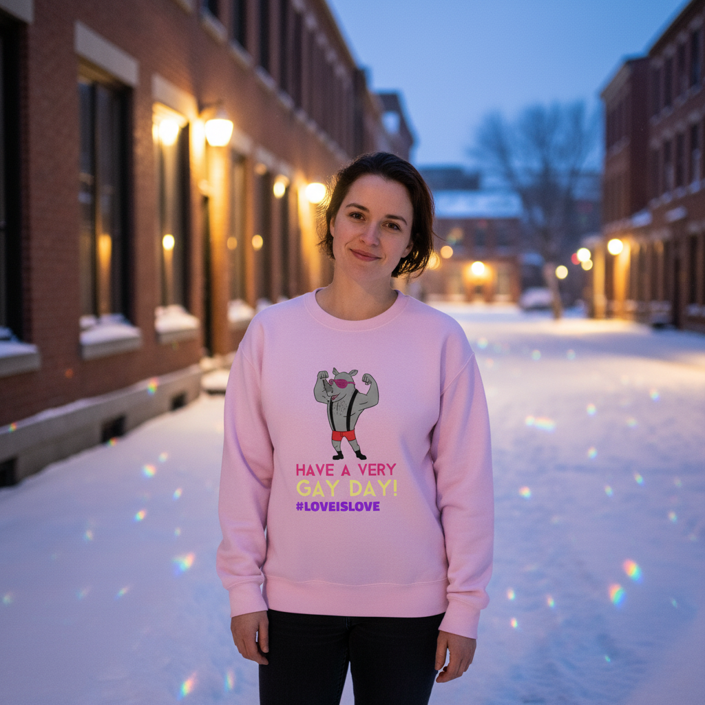 Person wearing a pink sweatshirt reading “HAVE A VERY GAY DAY!” with a flexing rhino graphic