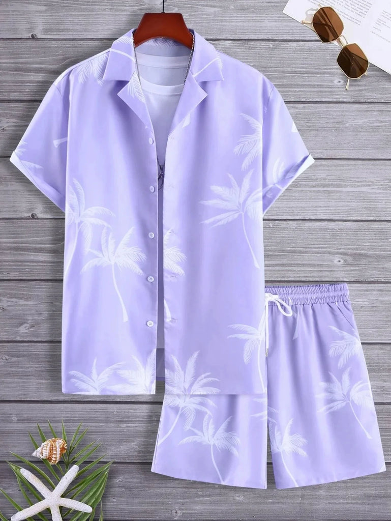 Flat lay of a lavender palm-print shirt and matching drawstring shorts set