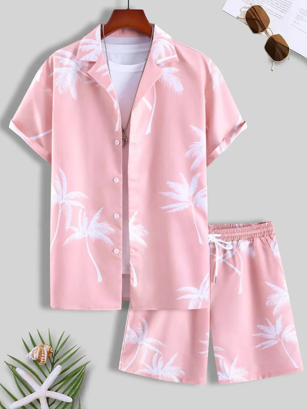 Pink short-sleeve Hawaiian shirt and matching shorts with white palm-tree print