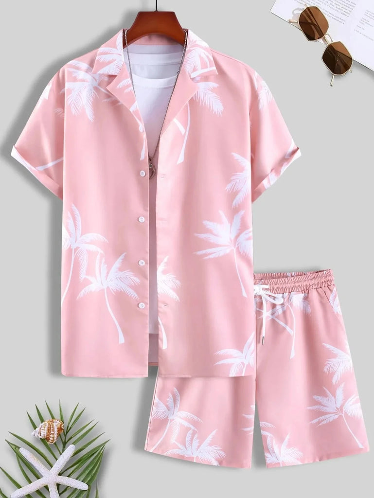 Pink short-sleeve Hawaiian shirt and matching shorts with white palm-tree print