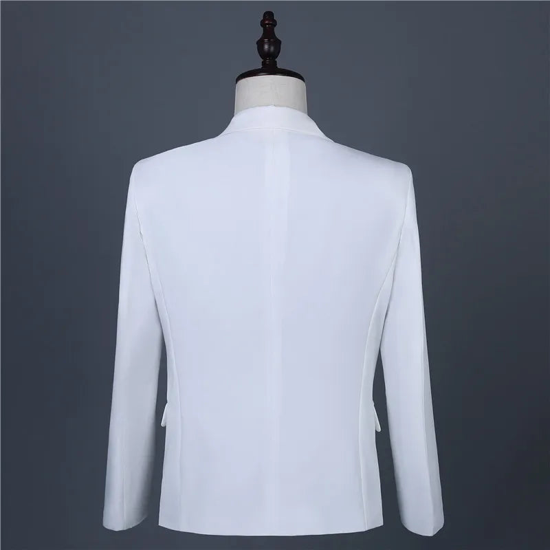 Rear view of a white blazer on a mannequin, showing long sleeves and a plain back