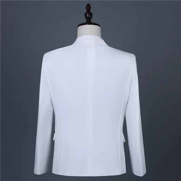 Rear view of a white blazer on a mannequin, showing long sleeves and a plain back