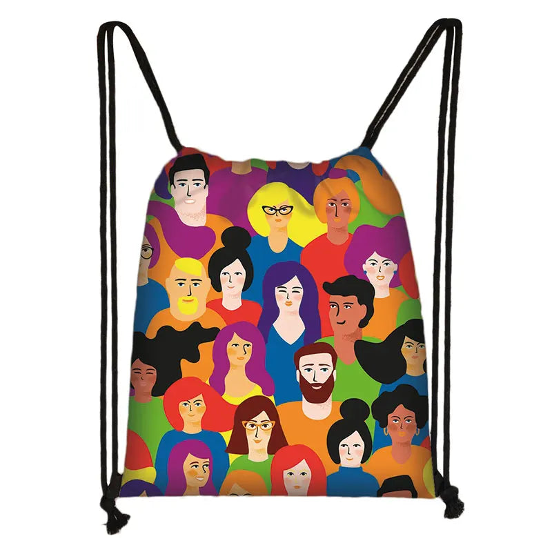 Colorful drawstring bag printed with a crowd of diverse illustrated faces