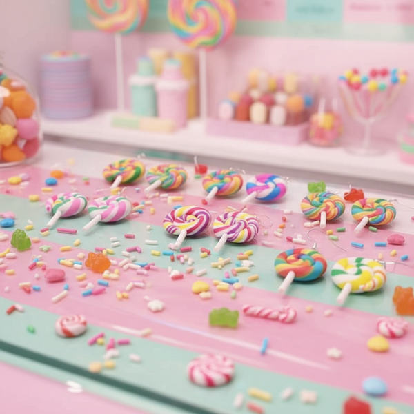 Colorful lollipop earrings displayed among pastel candy and sprinkles
