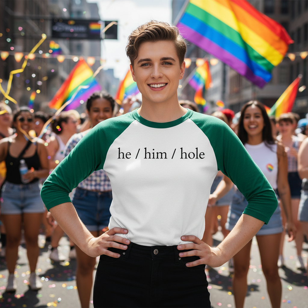 He / Him / Hole 3/4 sleeve raglan shirt on a smiling person at Pride, rainbow flags flying, confetti