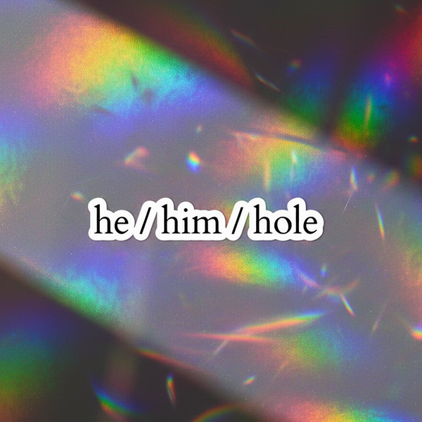 Bubble-free vinyl sticker with white “he/him/hole” text on a blurred