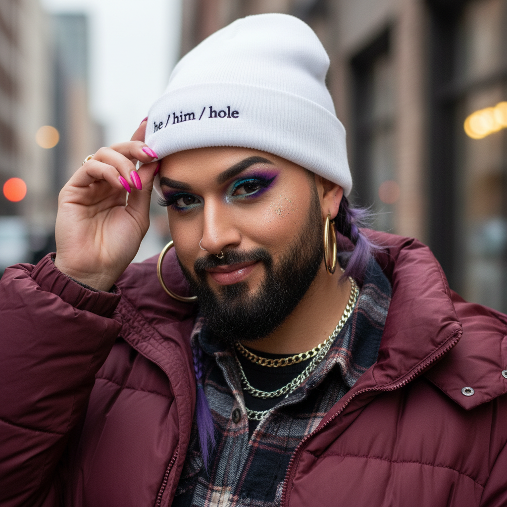 He / Him / Hole Cuffed Beanie" worn by a bearded babe with bold makeup, pink nails, maroon quilted jacket over plaid.