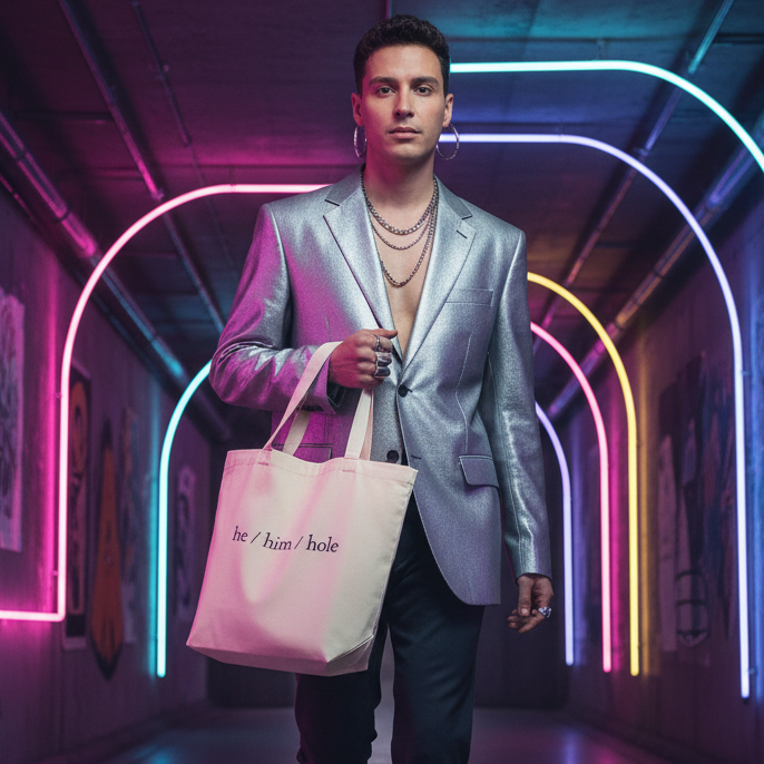 Person carrying a cream tote bag reading “he / him / hole” in a neon-lit tunnel