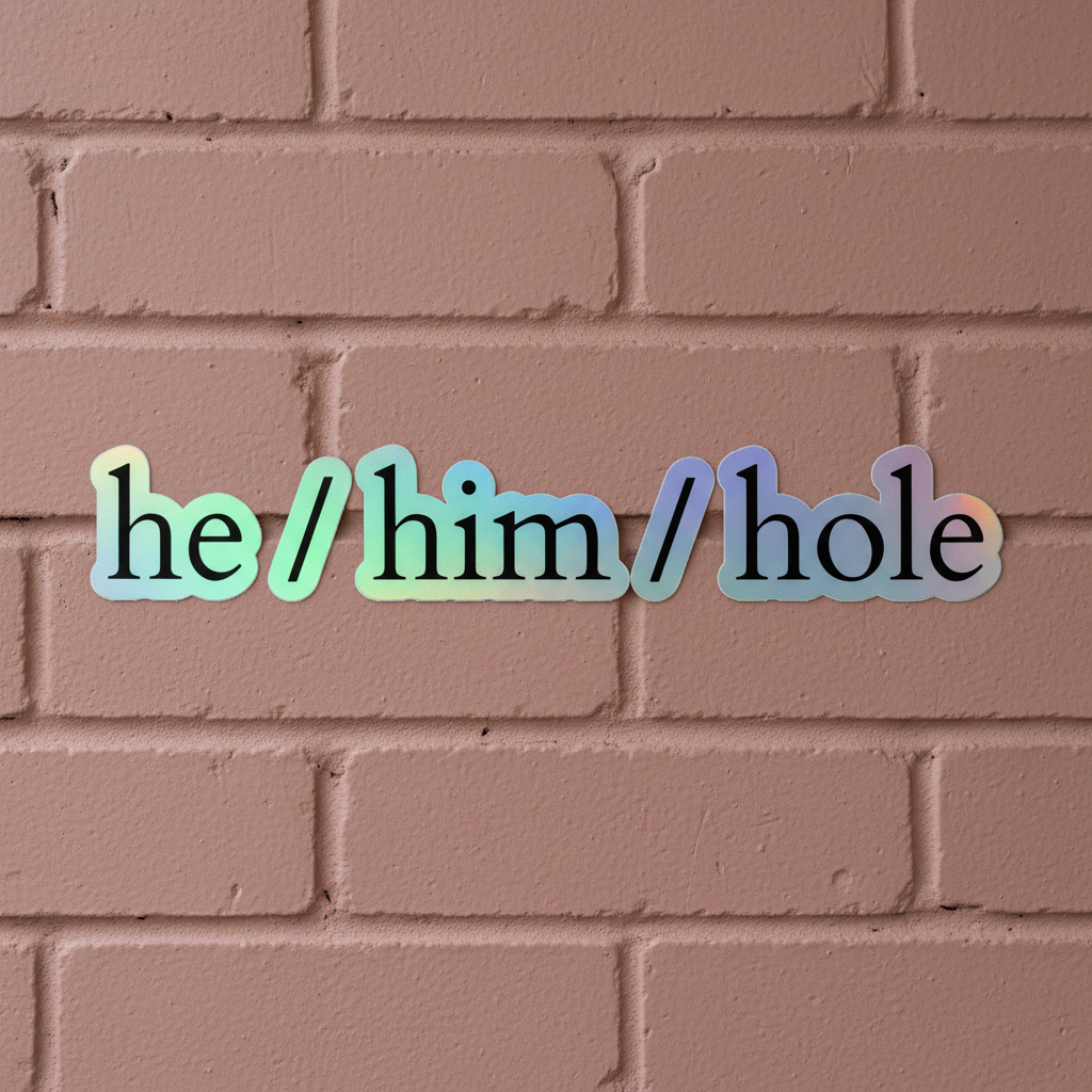 Holographic sticker with "he / him / hole" in playful lowercase on a pink brick wall, shimmering rainbow