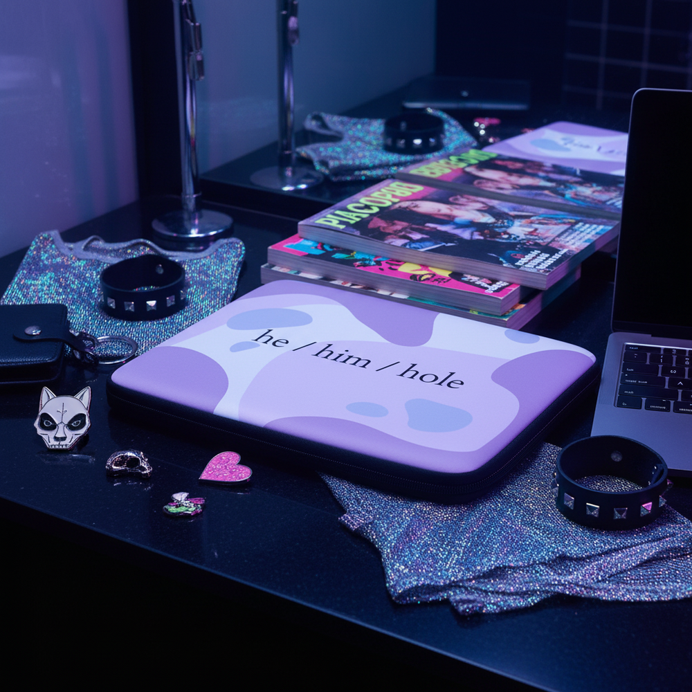 Lavender laptop sleeve reading “he / him / hole” on a dark desk with pins and books