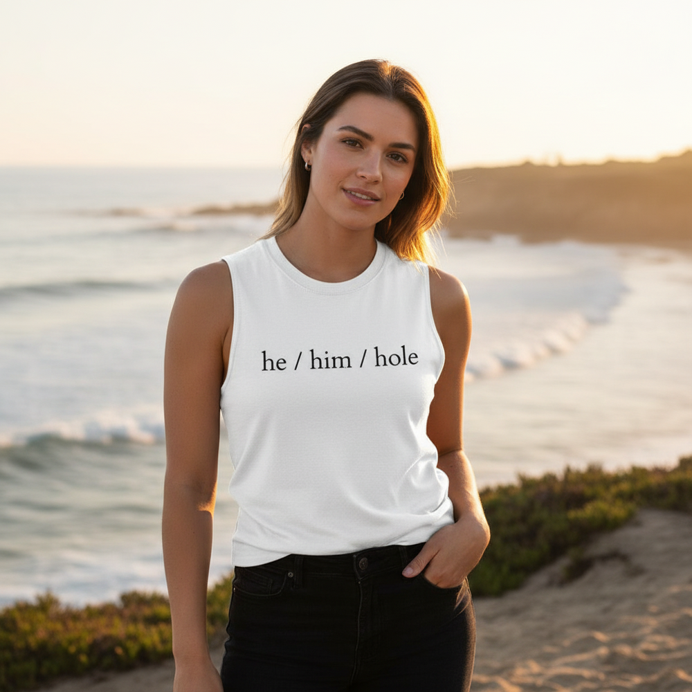 He / Him / Hole Muscle Top in white cotton with bold black text