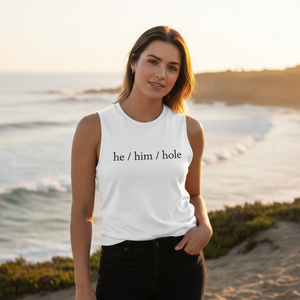 He / Him / Hole Muscle Top in white cotton with bold black text