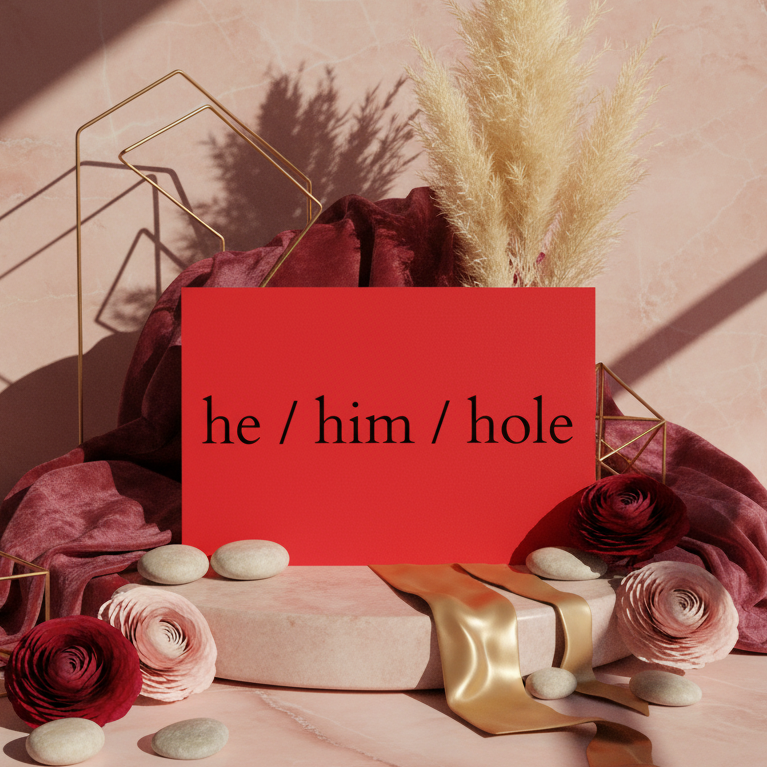 The "He / Him / Hole" postcard, a bold queer red card with black text, sits on pink stone amid pampas, flowers, gold ribbon