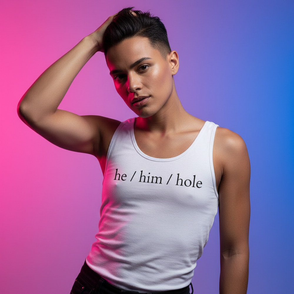 They / them / Hole unisex tank with “he / him / hole” in bold black text, worn by a person with short dark hair