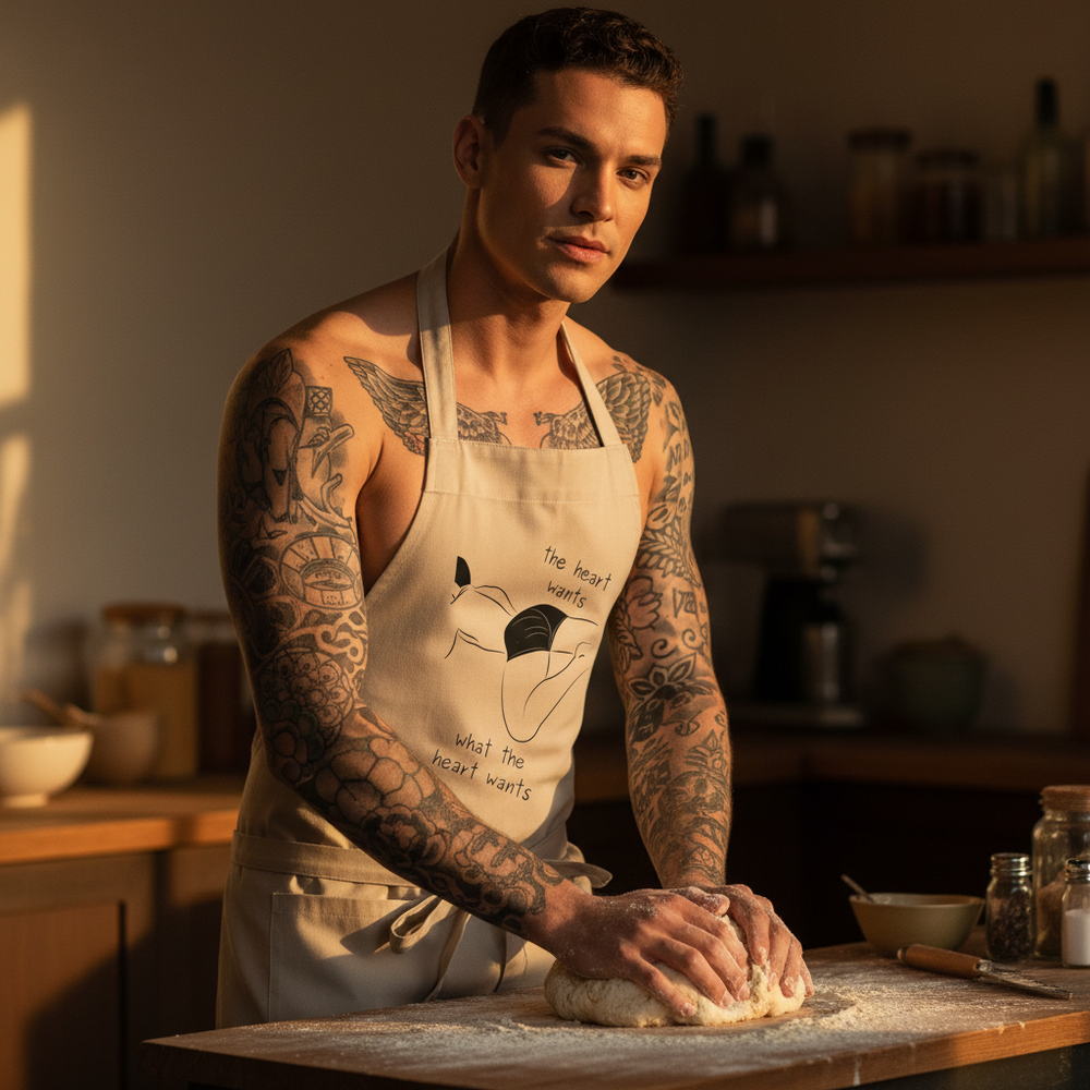 Tattooed person kneads dough in a beige apron reading “the heart wants what the heart wants”