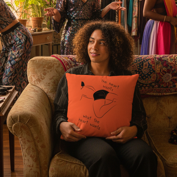 Curly-haired person on a sofa holds "The Heart Wants What The Heart Wants" pillow