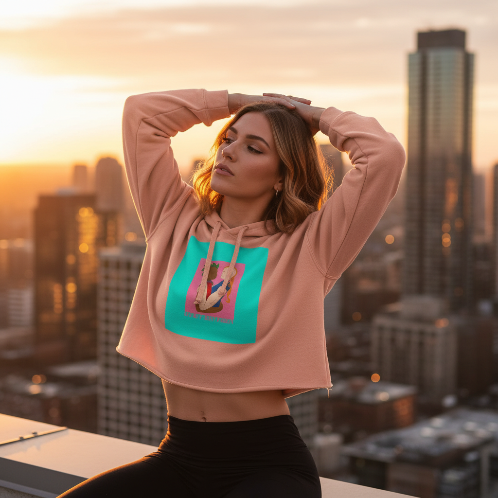 Hearts Not Parts crop hoodie with bright graphic, worn over black leggings as a person stretches at sunset