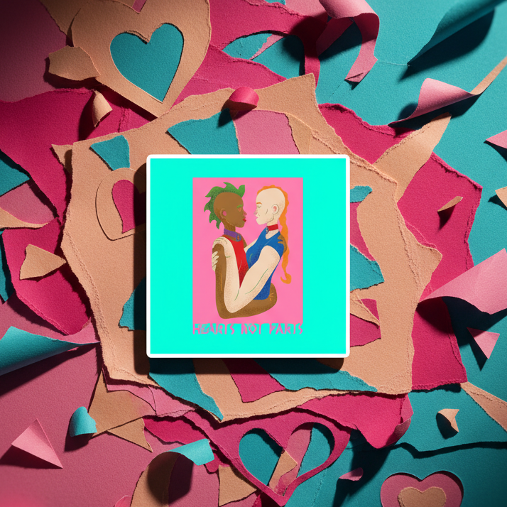 Vibrant vinyl "HEARTS NOT PARTS" magnet shows two people embracing on colorful torn paper hearts; queer home décor statement.