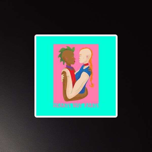 Square magnet showing two people embracing beneath the words “HEARTS NOT PARTS”
