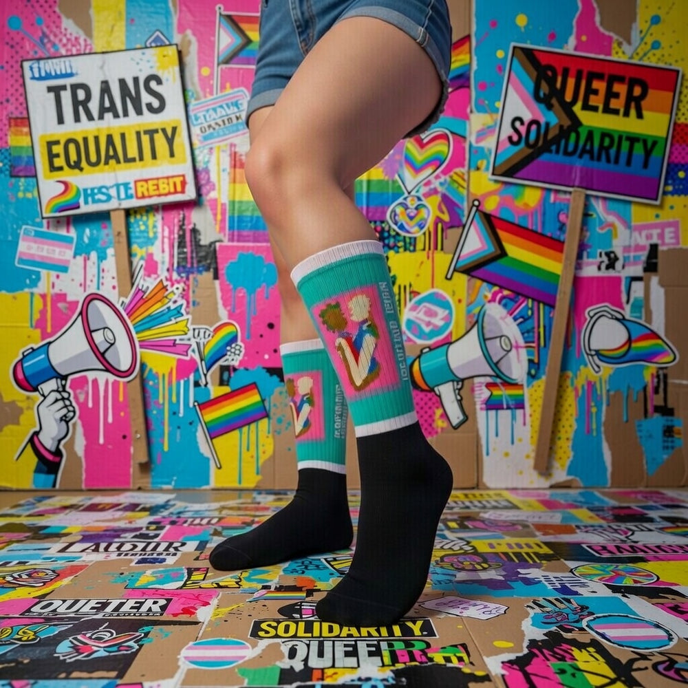 Hearts Not Parts socks shine as a person poses amid rainbows, queer posters reading "TRANS EQUALITY," and "QUEER SOLIDARITY.
