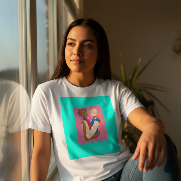 Hearts Not Parts unisex tee with bold, colorful art of two folks hugging and the slogan Hold It Not Harm