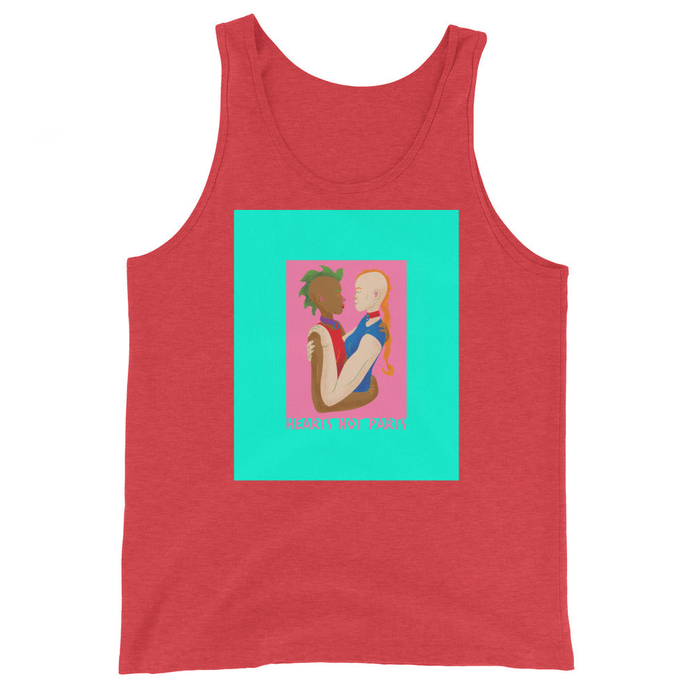 Red tank top with colorful illustration of two people embracing and “HEARTS NOT PARTS” text