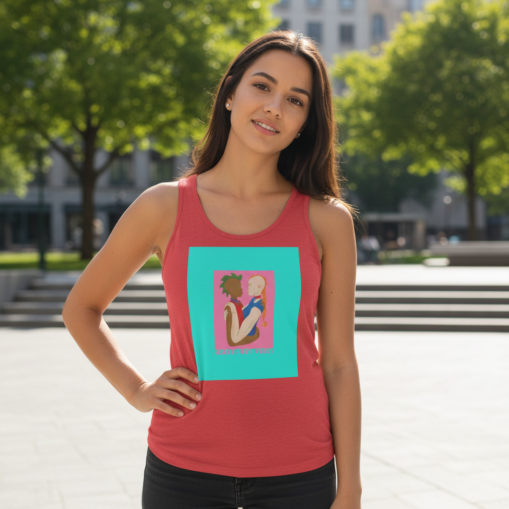 Hearts Not Parts Unisex Tank Top with vibrant artwork of two people, worn by a young woman in a sunny outdoor queer plaza.