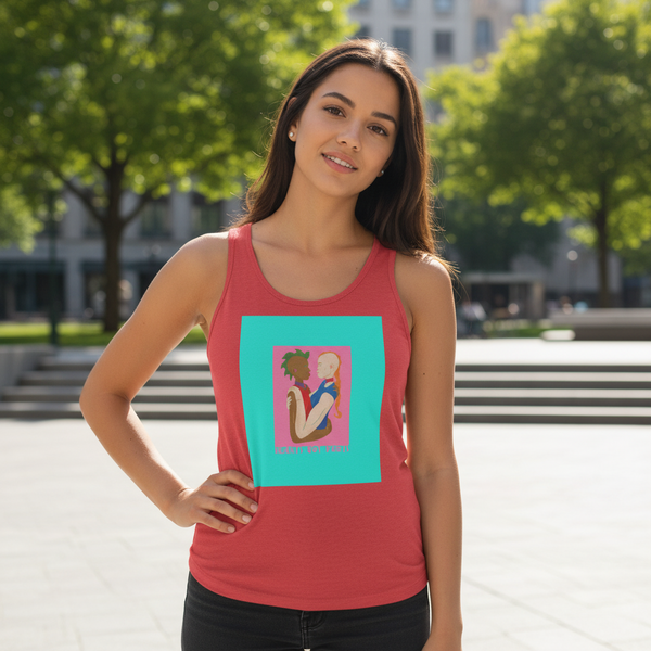 Hearts Not Parts Unisex Tank Top with vibrant artwork of two people, worn by a young woman in a sunny outdoor queer plaza.