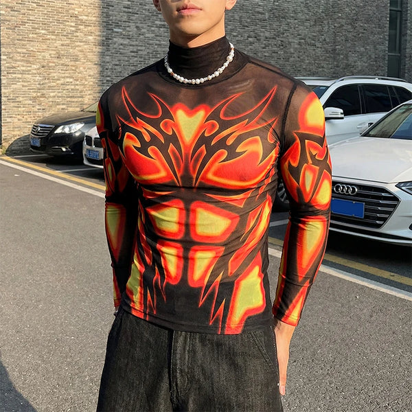 Model wearing a fitted black long-sleeve top with bright red and yellow flame-like graphics